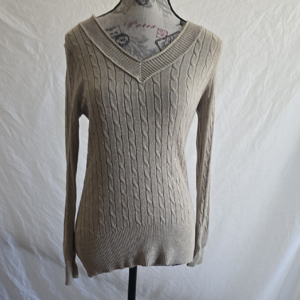 LOFT Taupe V-Neck Cable Sweater